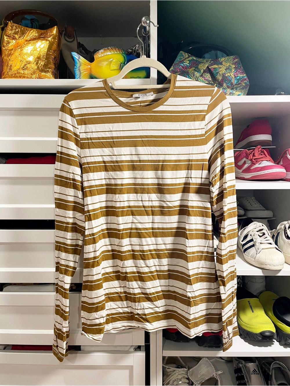 COS Long Sleeve Striped Tee in Camel & White